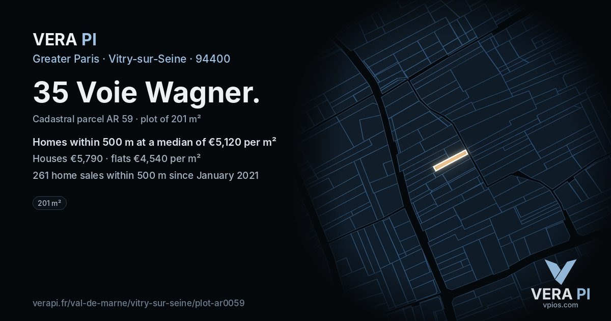 35 Voie Wagner, Vitry-sur-Seine at night – the plot lit, the parcels around coloured by the prices near them
