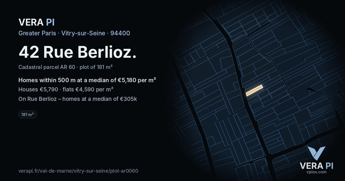 42 Rue Berlioz, Vitry-sur-Seine at night – the plot lit, the parcels around coloured by the prices near them