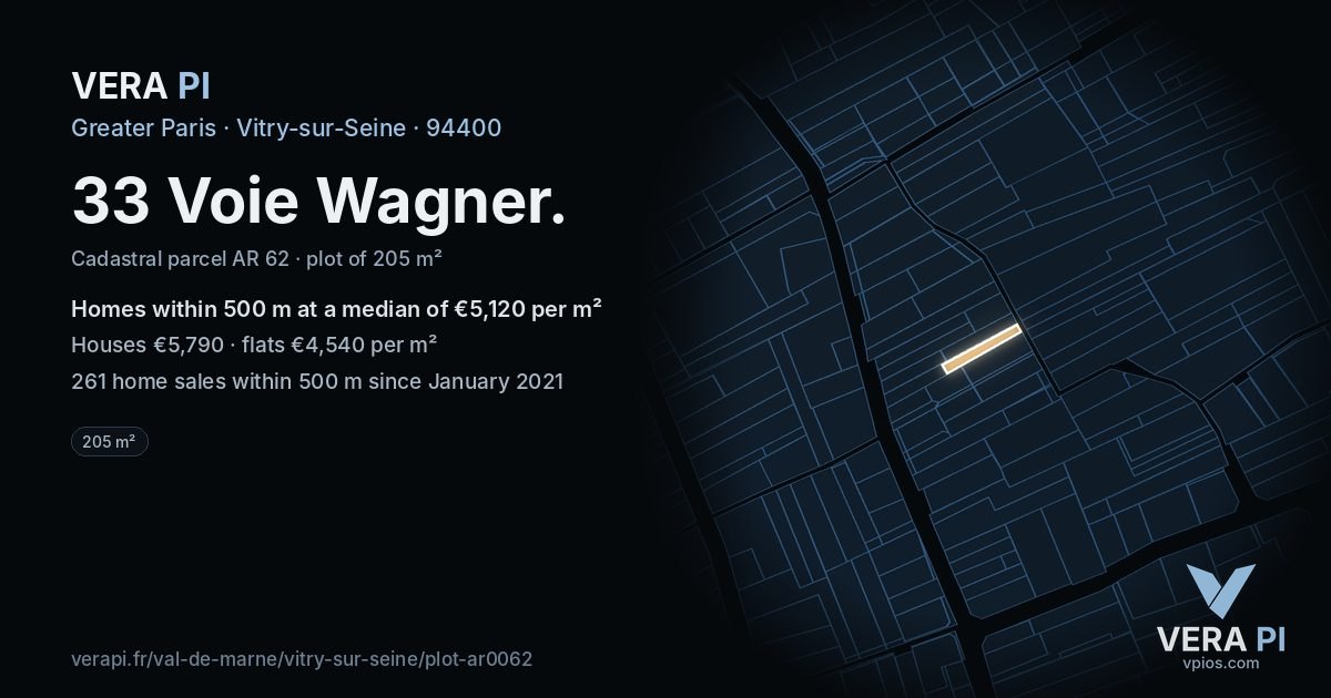 33 Voie Wagner, Vitry-sur-Seine at night – the plot lit, the parcels around coloured by the prices near them