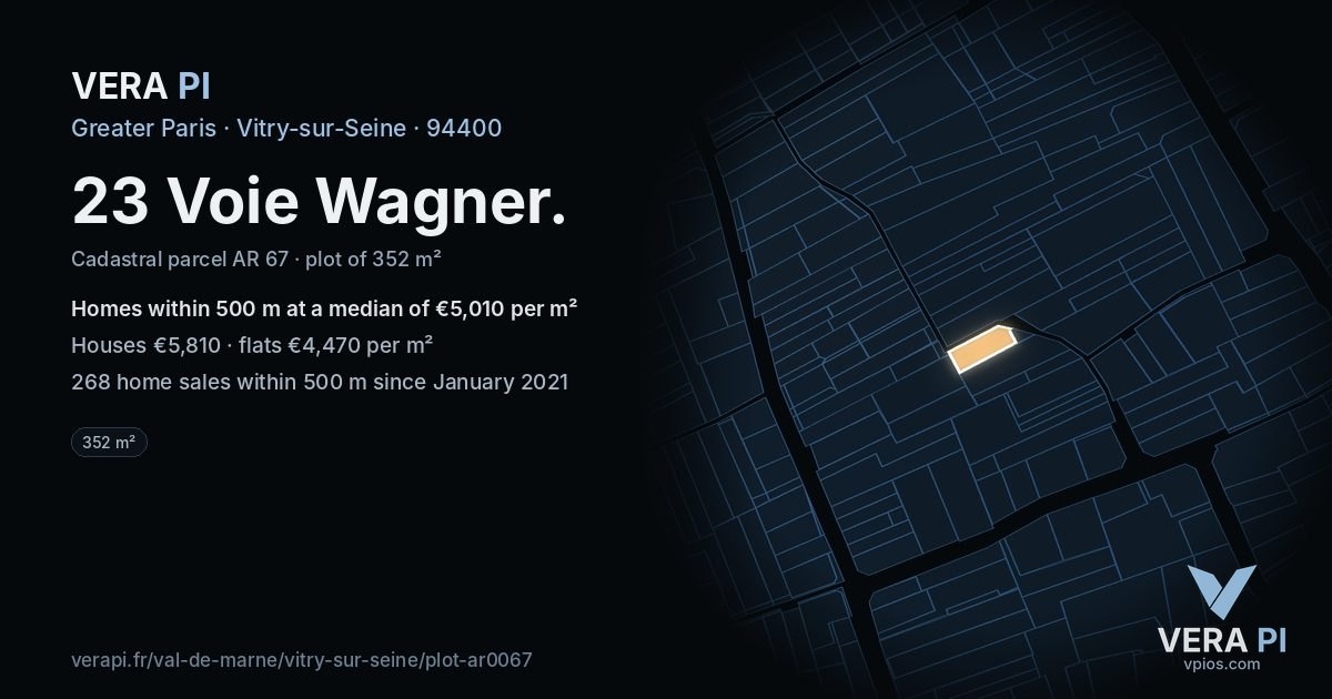 23 Voie Wagner, Vitry-sur-Seine at night – the plot lit, the parcels around coloured by the prices near them