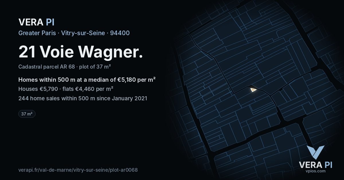 21 Voie Wagner, Vitry-sur-Seine at night – the plot lit, the parcels around coloured by the prices near them