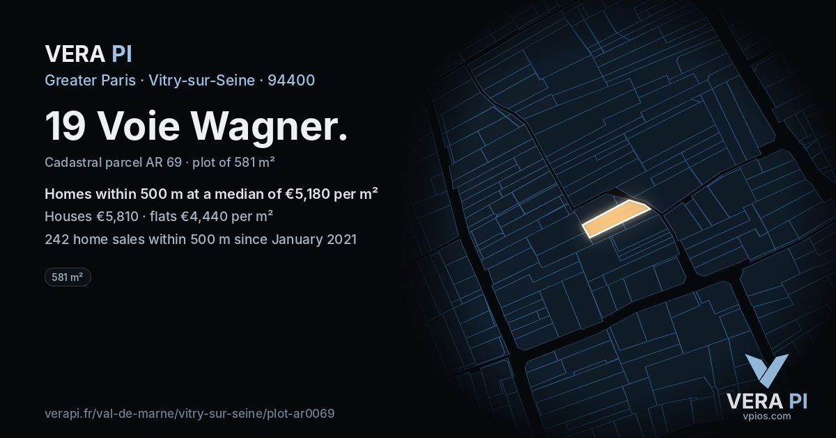 19 Voie Wagner, Vitry-sur-Seine at night – the plot lit, the parcels around coloured by the prices near them