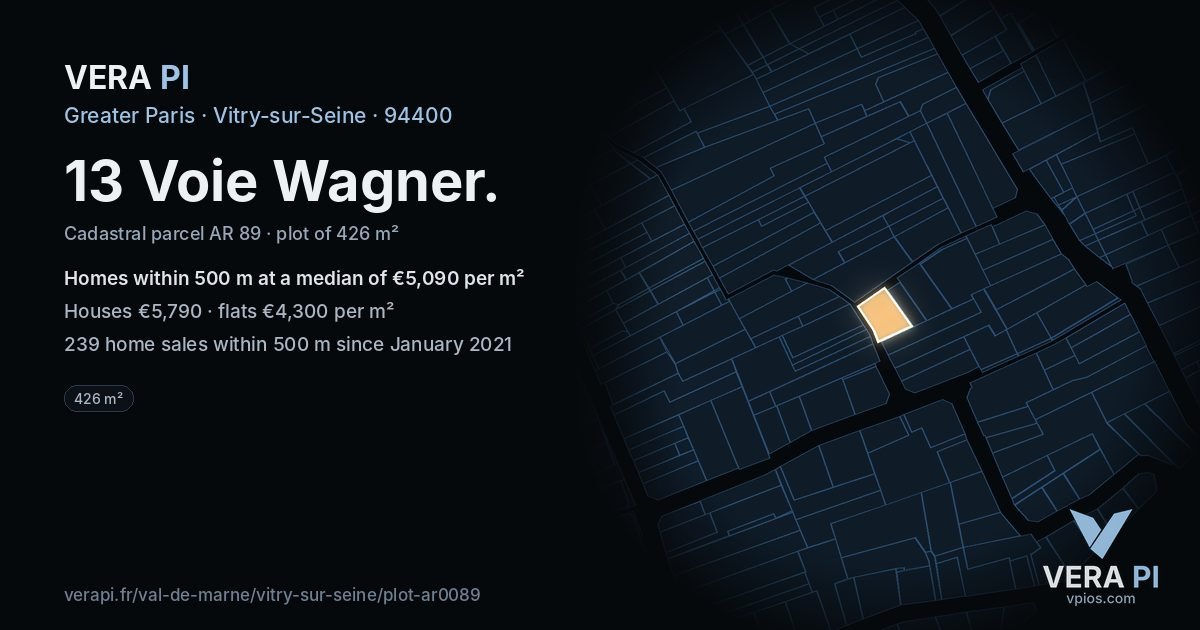 13 Voie Wagner, Vitry-sur-Seine at night – the plot lit, the parcels around coloured by the prices near them