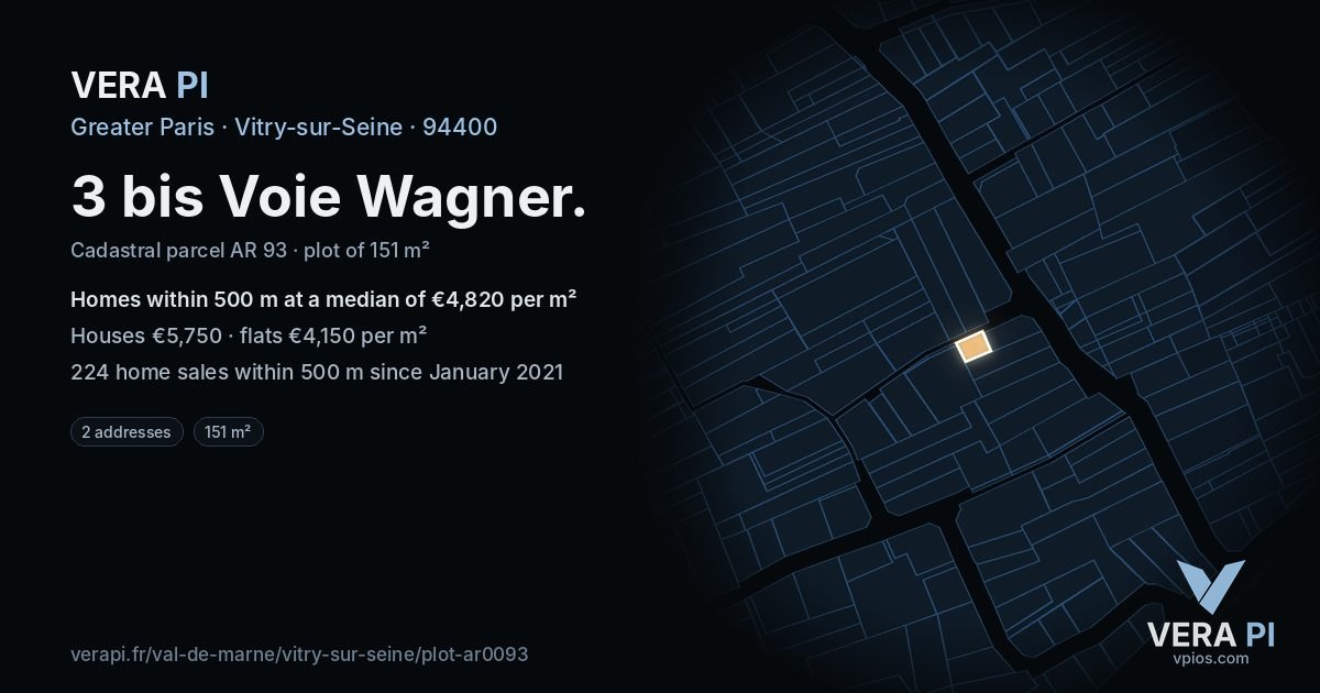 3 bis Voie Wagner, Vitry-sur-Seine at night – the plot lit, the parcels around coloured by the prices near them