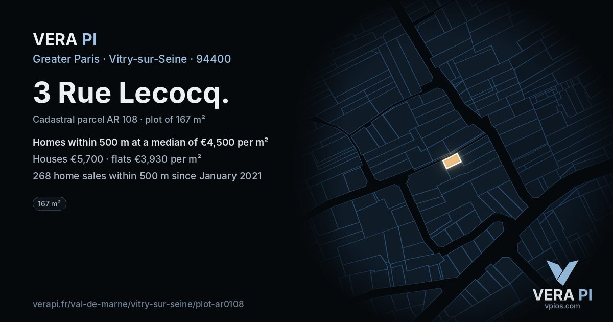 3 Rue Lecocq, Vitry-sur-Seine at night – the plot lit, the parcels around coloured by the prices near them