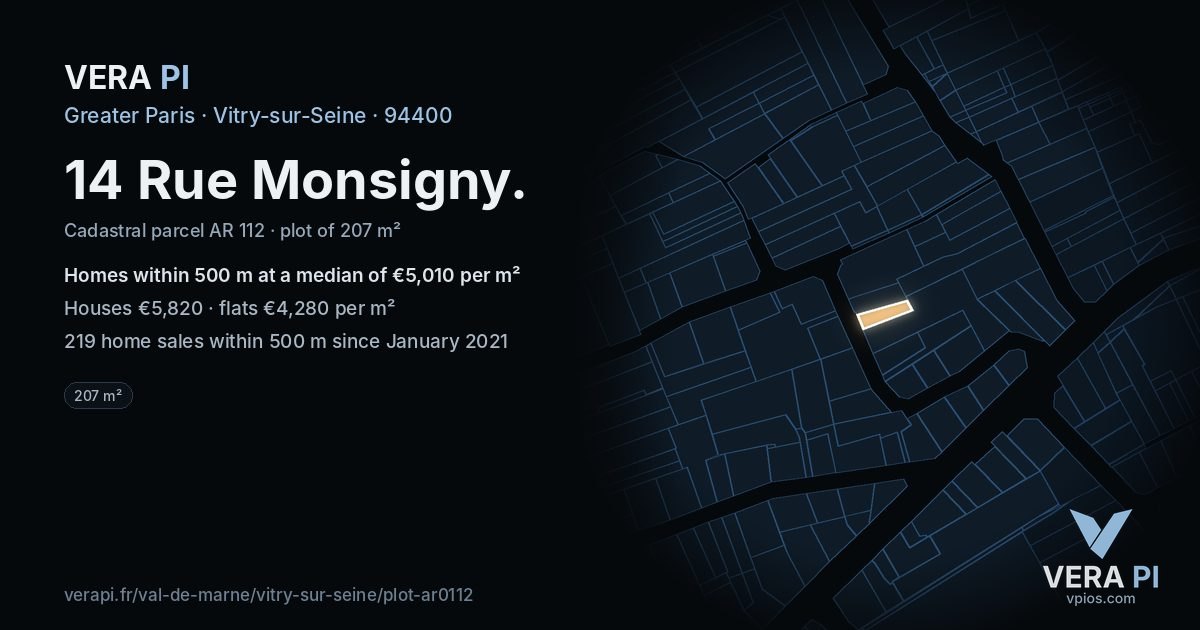 14 Rue Monsigny, Vitry-sur-Seine at night – the plot lit, the parcels around coloured by the prices near them