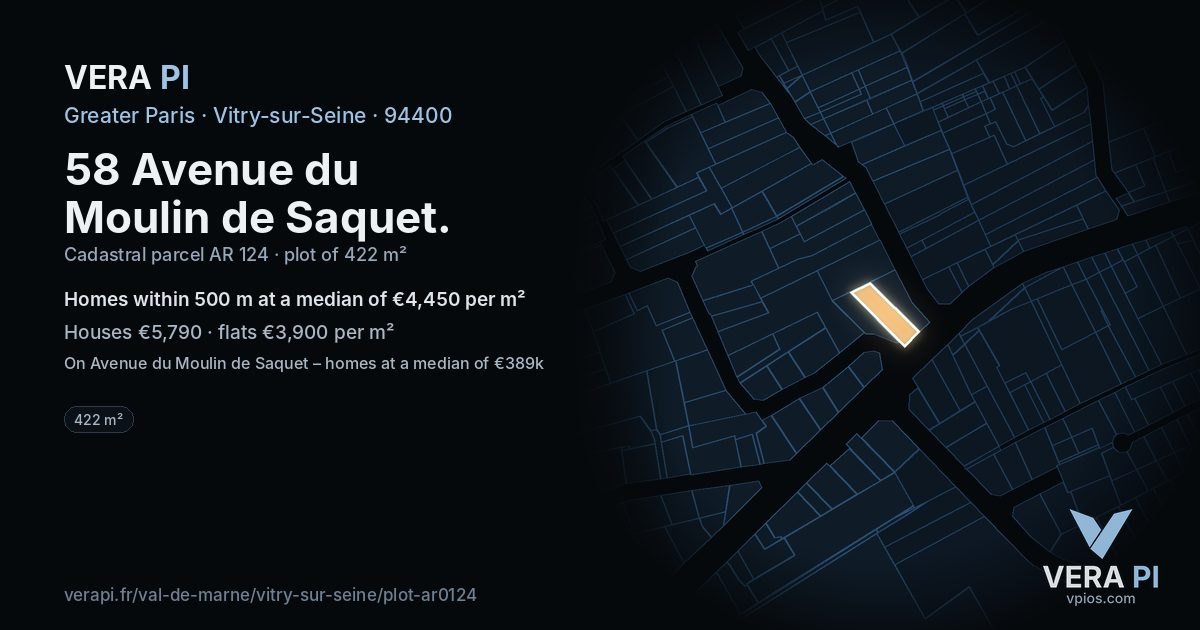 58 Avenue du Moulin de Saquet, Vitry-sur-Seine at night – the plot lit, the parcels around coloured by the prices near them