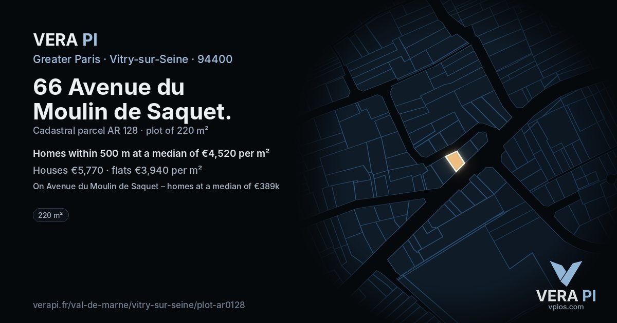 66 Avenue du Moulin de Saquet, Vitry-sur-Seine at night – the plot lit, the parcels around coloured by the prices near them