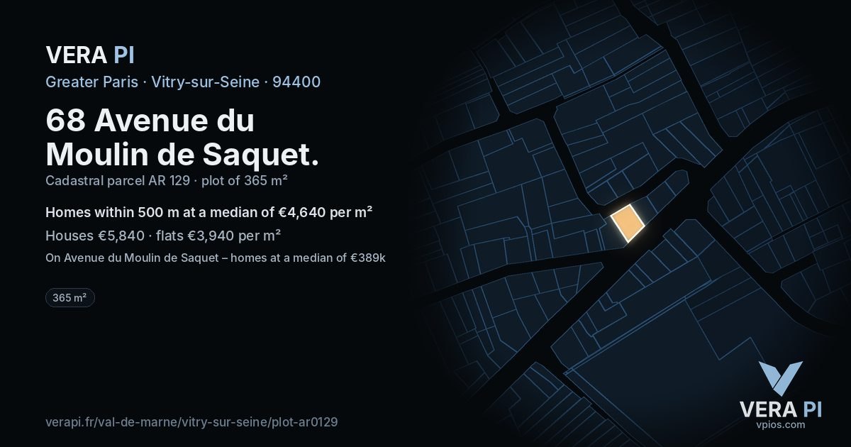 68 Avenue du Moulin de Saquet, Vitry-sur-Seine at night – the plot lit, the parcels around coloured by the prices near them