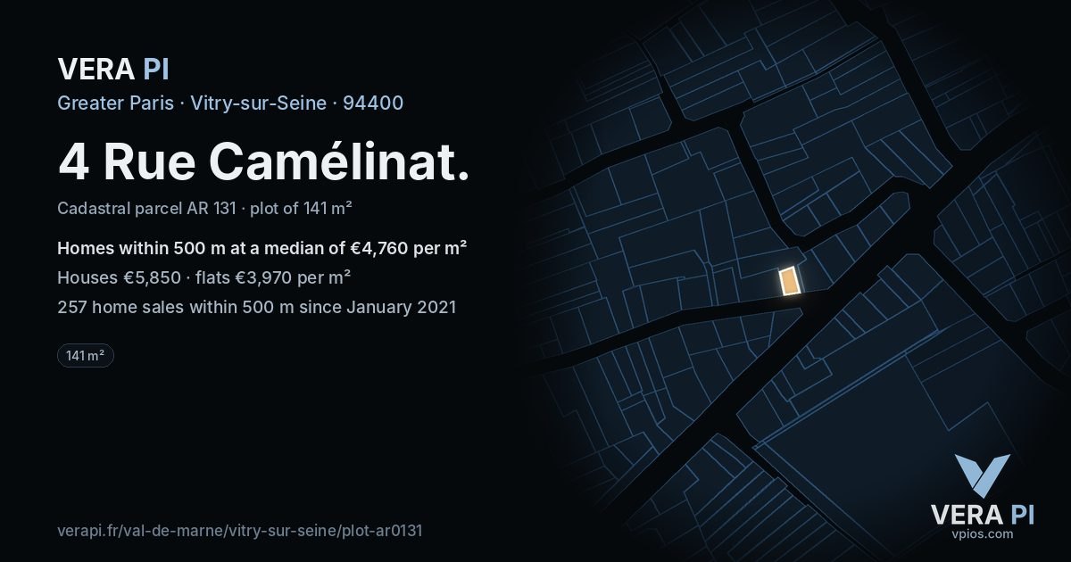 4 Rue Camélinat, Vitry-sur-Seine at night – the plot lit, the parcels around coloured by the prices near them