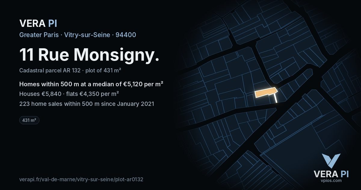 11 Rue Monsigny, Vitry-sur-Seine at night – the plot lit, the parcels around coloured by the prices near them