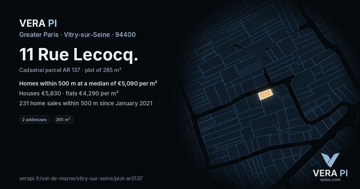 11 Rue Lecocq, Vitry-sur-Seine at night – the plot lit, the parcels around coloured by the prices near them