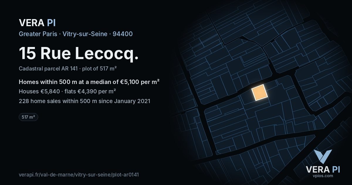 15 Rue Lecocq, Vitry-sur-Seine at night – the plot lit, the parcels around coloured by the prices near them