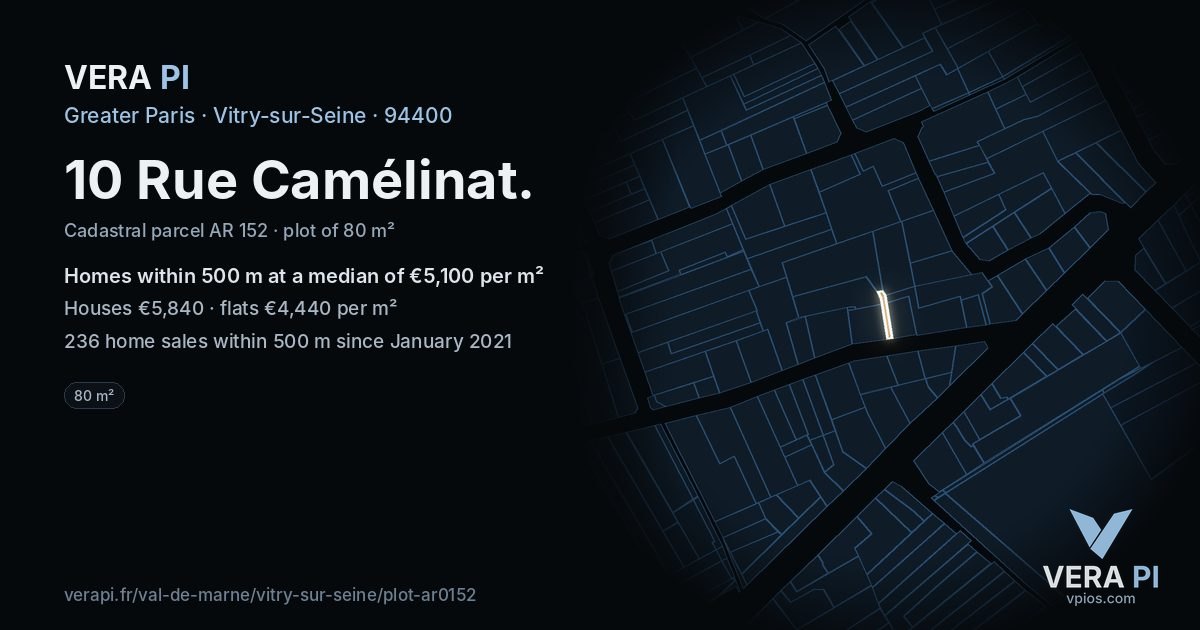 10 Rue Camélinat, Vitry-sur-Seine at night – the plot lit, the parcels around coloured by the prices near them