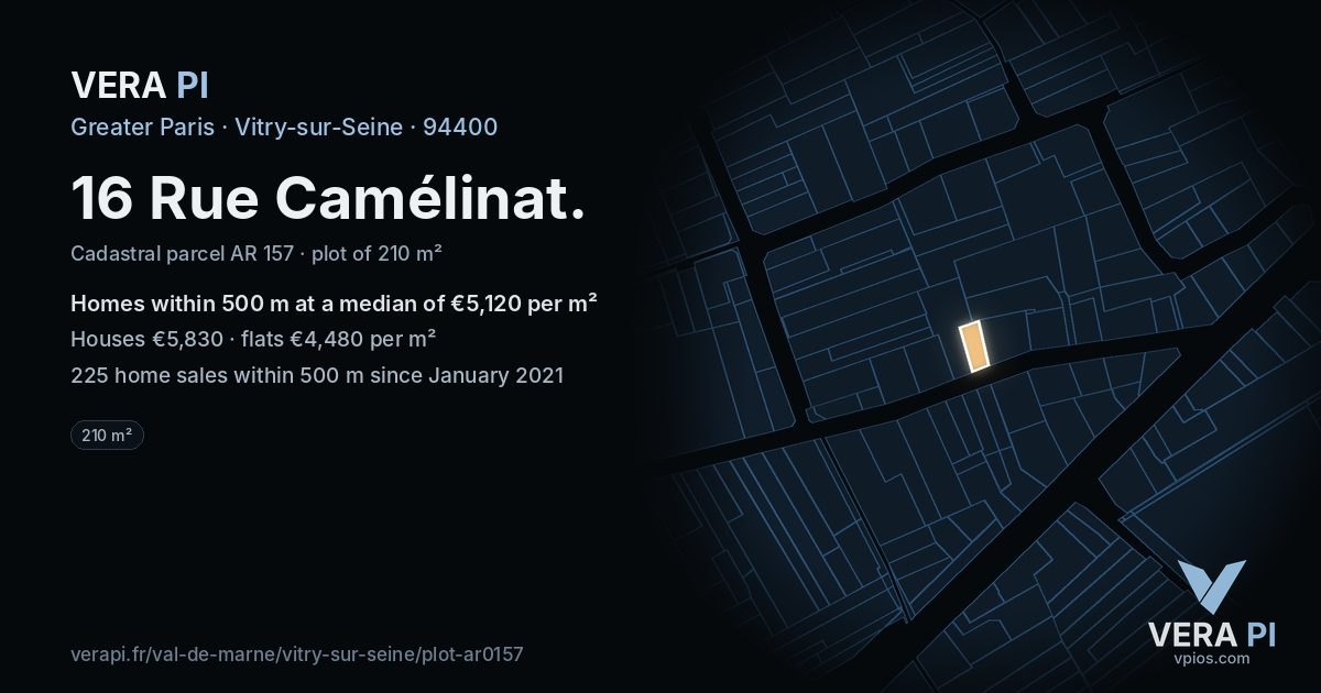 16 Rue Camélinat, Vitry-sur-Seine at night – the plot lit, the parcels around coloured by the prices near them