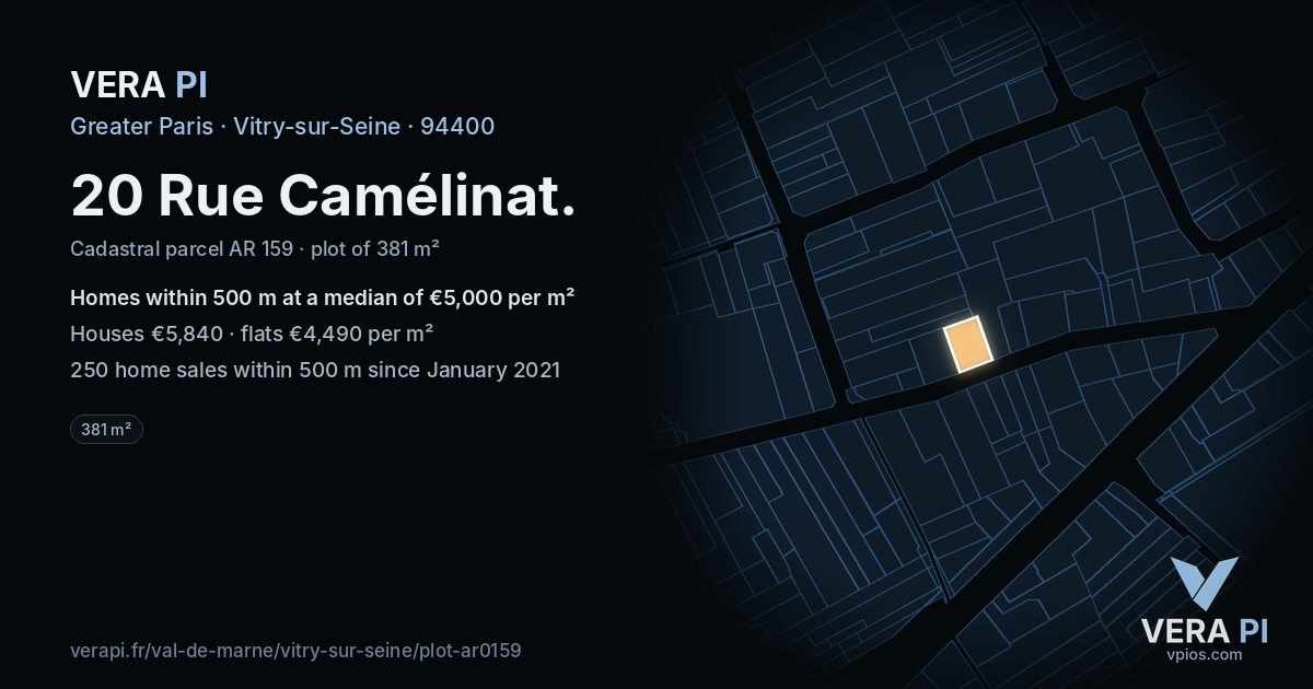 20 Rue Camélinat, Vitry-sur-Seine at night – the plot lit, the parcels around coloured by the prices near them