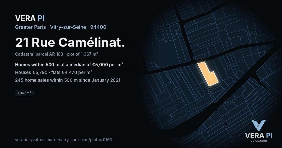 21 Rue Camélinat, Vitry-sur-Seine at night – the plot lit, the parcels around coloured by the prices near them
