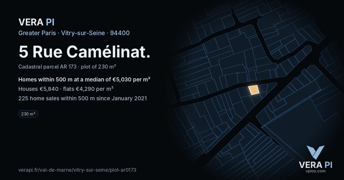 5 Rue Camélinat, Vitry-sur-Seine at night – the plot lit, the parcels around coloured by the prices near them