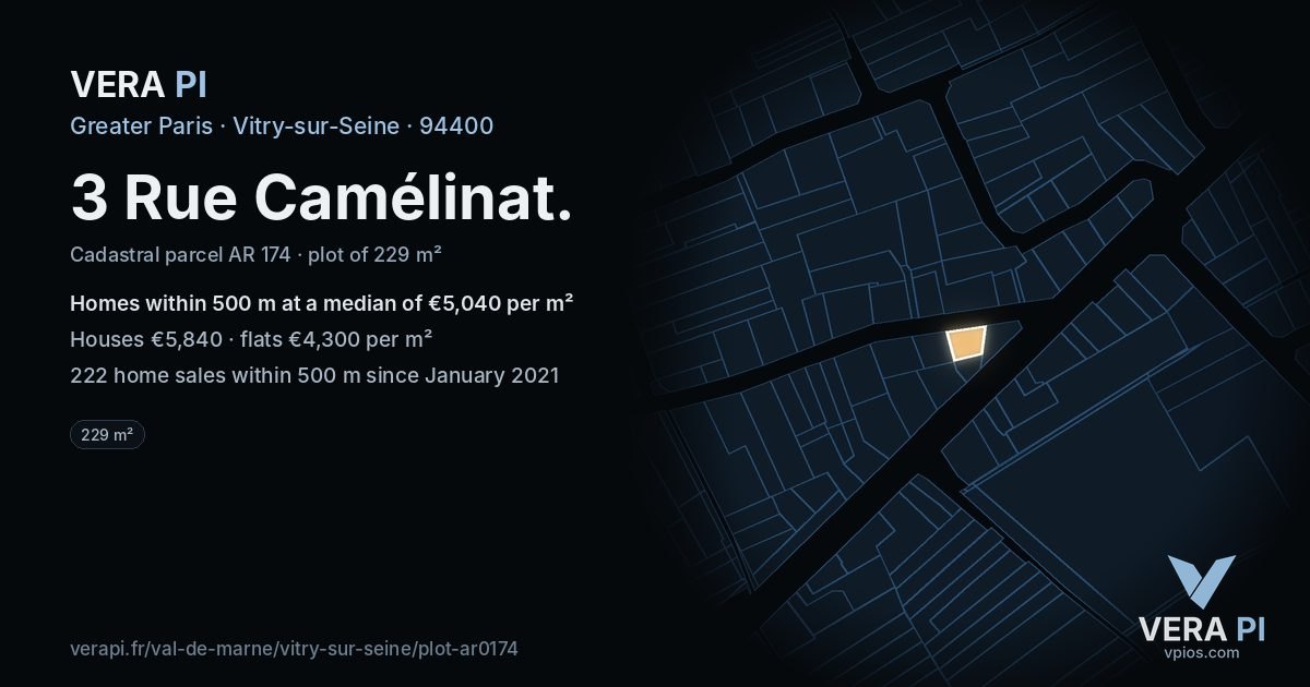 3 Rue Camélinat, Vitry-sur-Seine at night – the plot lit, the parcels around coloured by the prices near them
