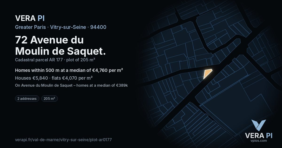 72 Avenue du Moulin de Saquet, Vitry-sur-Seine at night – the plot lit, the parcels around coloured by the prices near them