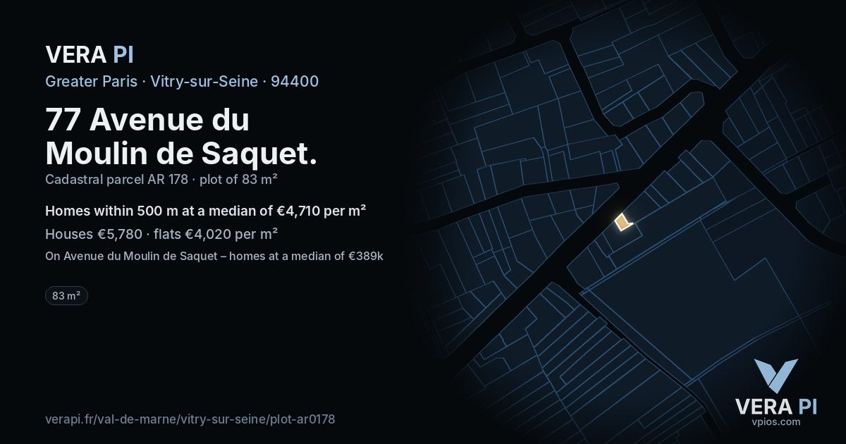 77 Avenue du Moulin de Saquet, Vitry-sur-Seine at night – the plot lit, the parcels around coloured by the prices near them