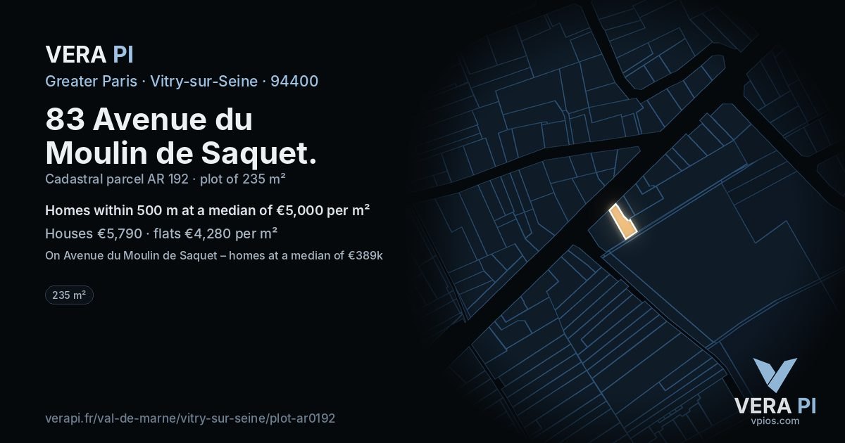 83 Avenue du Moulin de Saquet, Vitry-sur-Seine at night – the plot lit, the parcels around coloured by the prices near them