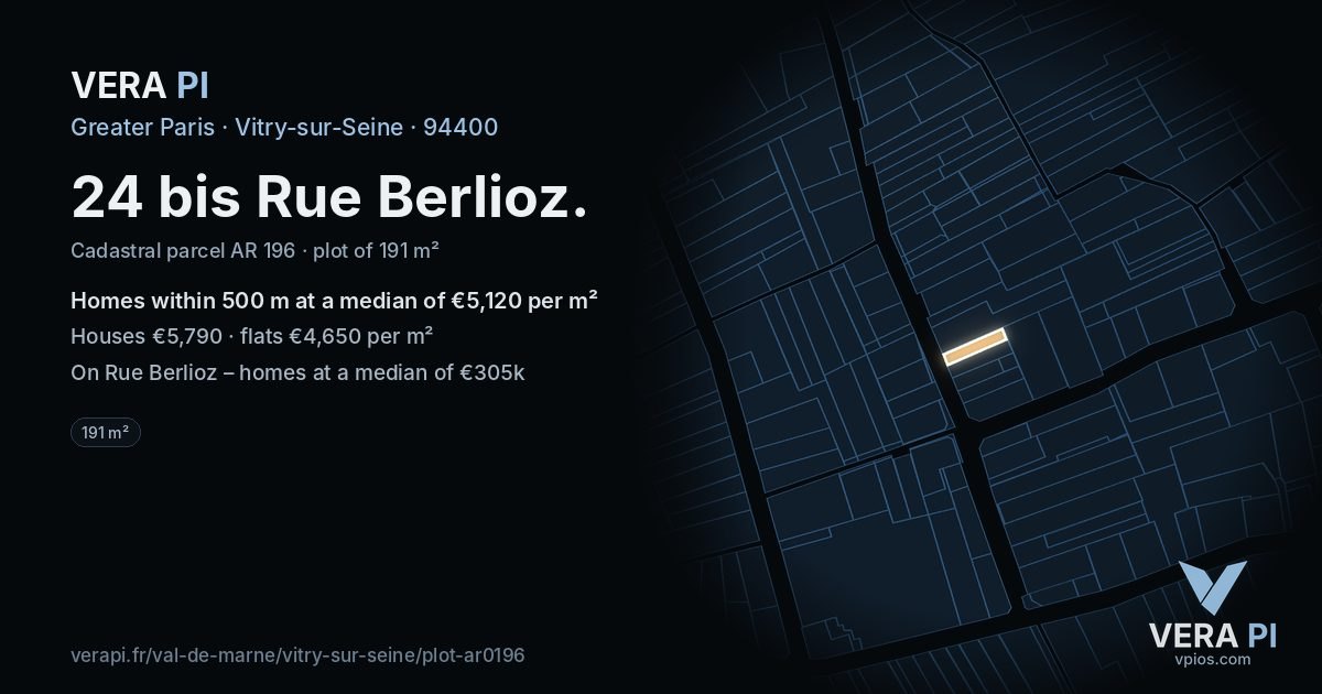 24 bis Rue Berlioz, Vitry-sur-Seine at night – the plot lit, the parcels around coloured by the prices near them