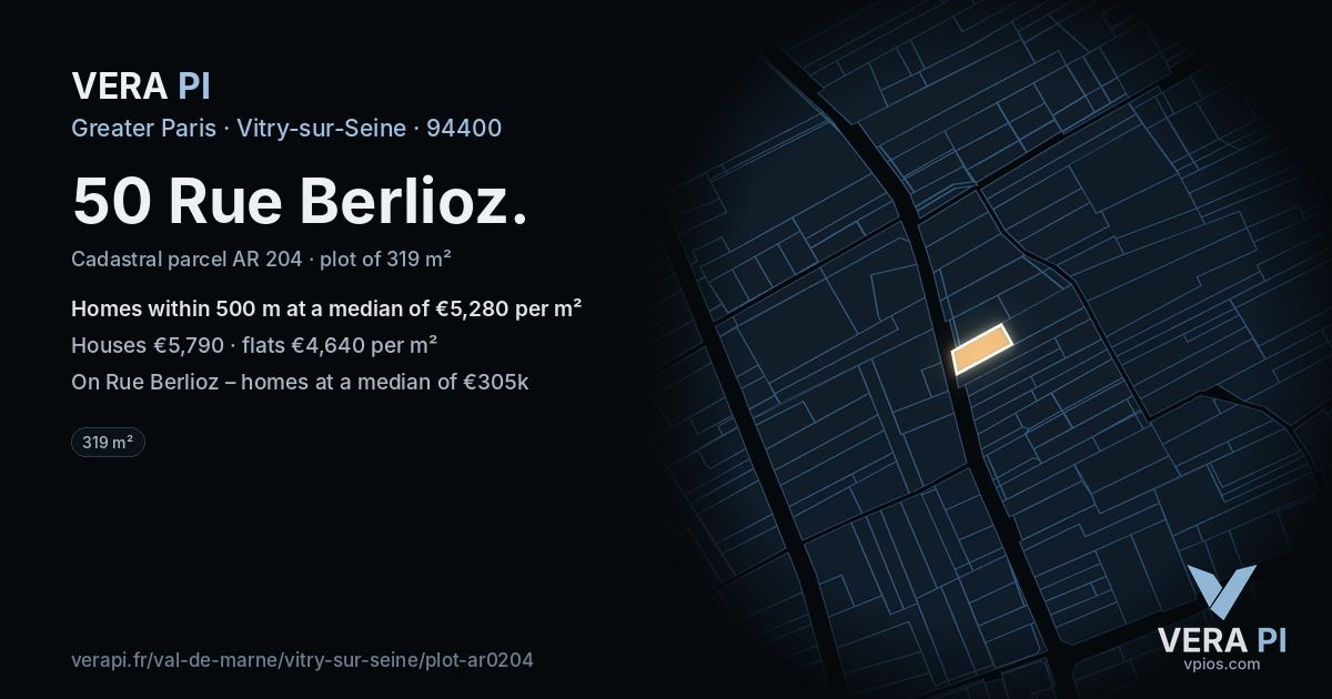 50 Rue Berlioz, Vitry-sur-Seine at night – the plot lit, the parcels around coloured by the prices near them