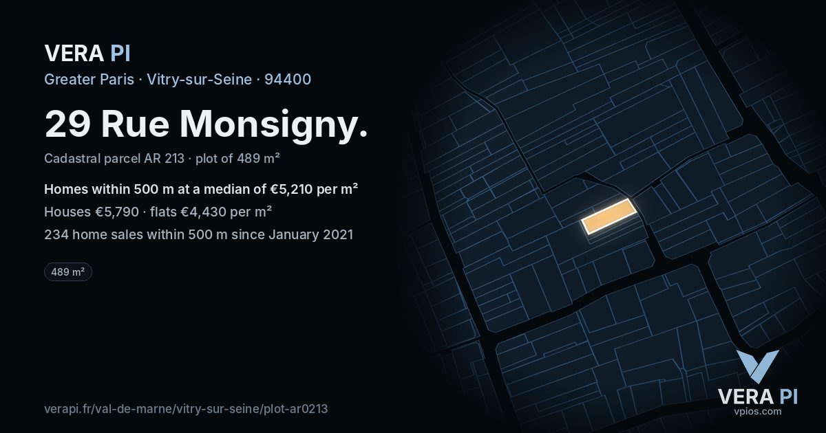 29 Rue Monsigny, Vitry-sur-Seine at night – the plot lit, the parcels around coloured by the prices near them