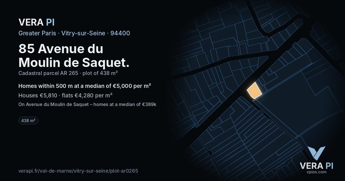 85 Avenue du Moulin de Saquet, Vitry-sur-Seine at night – the plot lit, the parcels around coloured by the prices near them