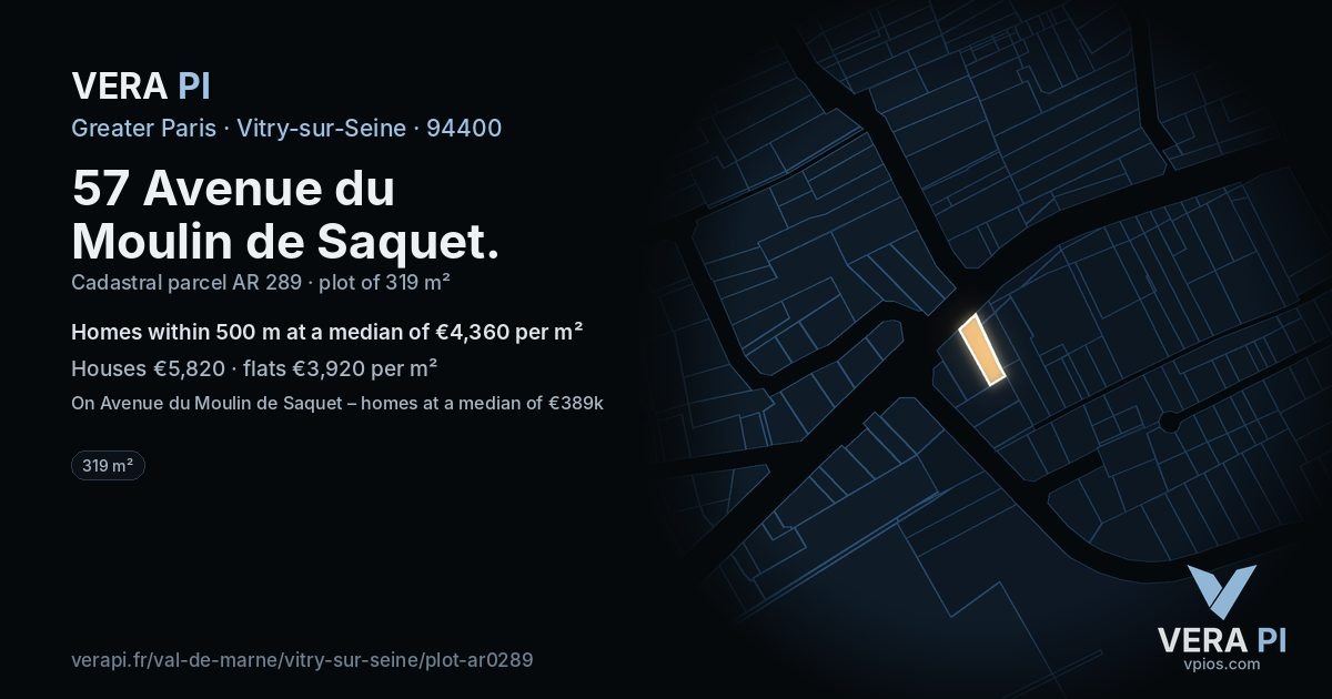 57 Avenue du Moulin de Saquet, Vitry-sur-Seine at night – the plot lit, the parcels around coloured by the prices near them