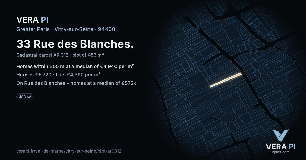 33 Rue des Blanches, Vitry-sur-Seine at night – the plot lit, the parcels around coloured by the prices near them
