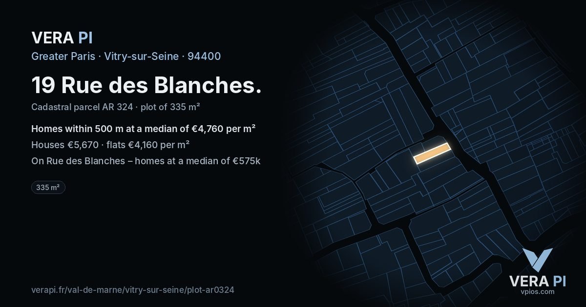 19 Rue des Blanches, Vitry-sur-Seine at night – the plot lit, the parcels around coloured by the prices near them