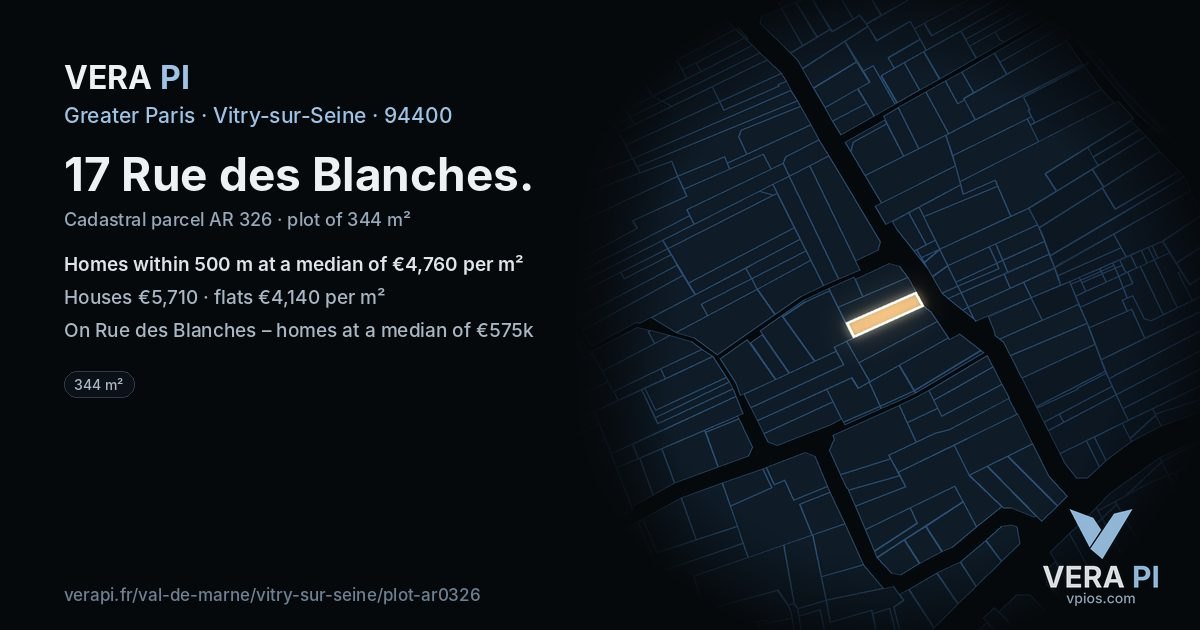 17 Rue des Blanches, Vitry-sur-Seine at night – the plot lit, the parcels around coloured by the prices near them