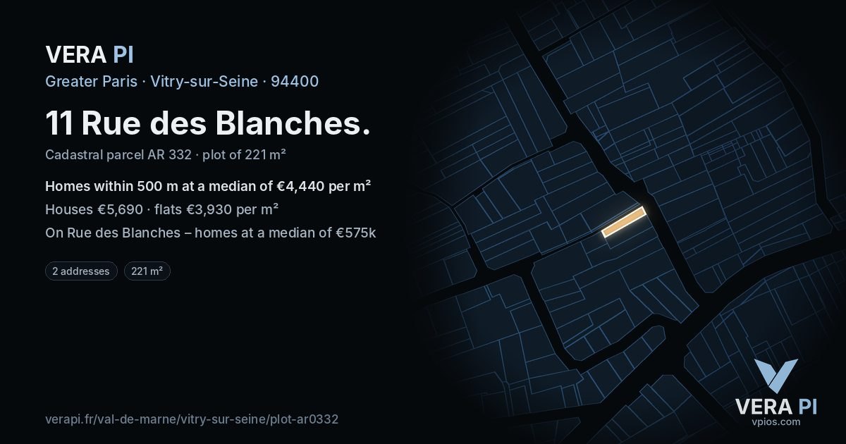 11 Rue des Blanches, Vitry-sur-Seine at night – the plot lit, the parcels around coloured by the prices near them