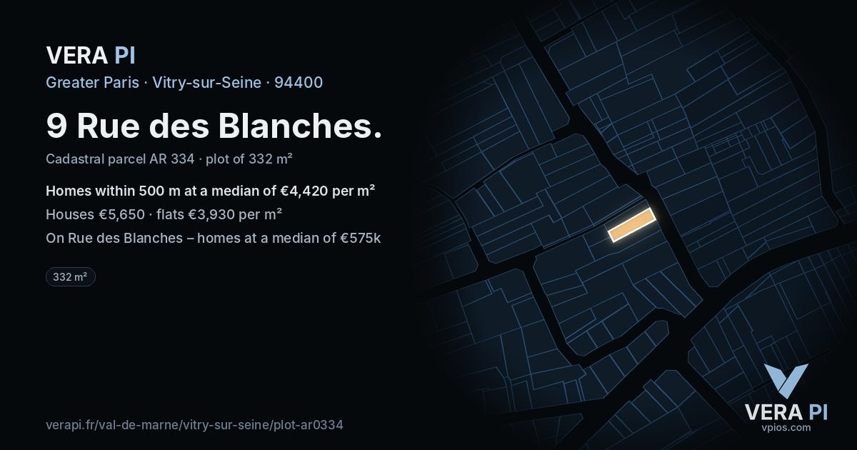 9 Rue des Blanches, Vitry-sur-Seine at night – the plot lit, the parcels around coloured by the prices near them