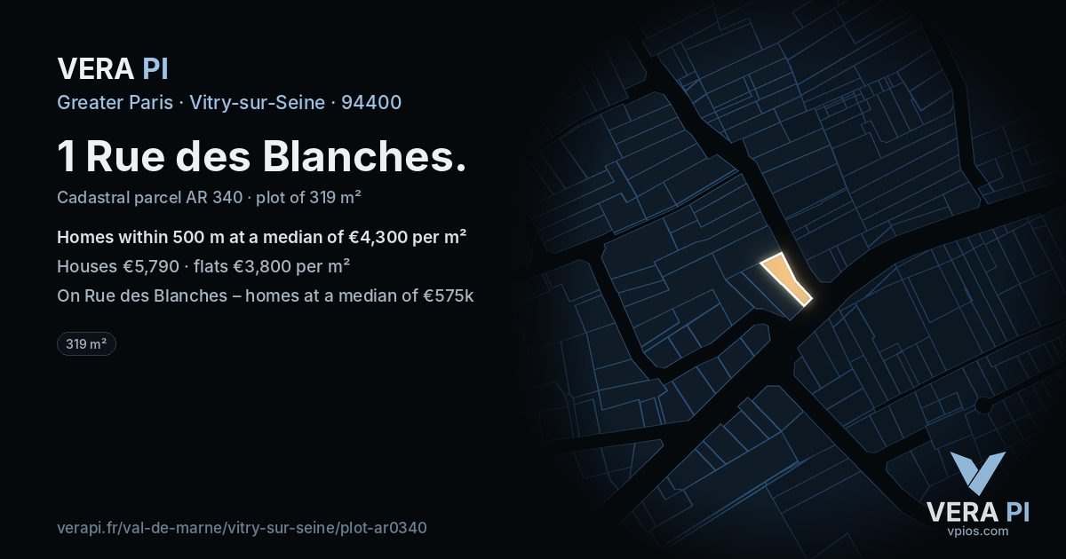 1 Rue des Blanches, Vitry-sur-Seine at night – the plot lit, the parcels around coloured by the prices near them