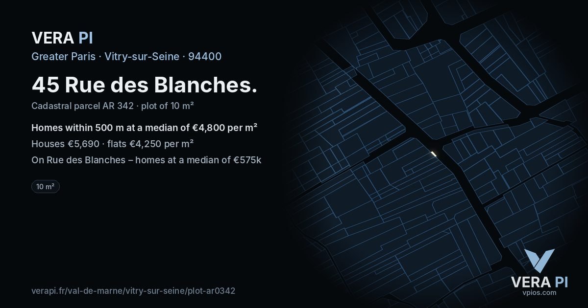 45 Rue des Blanches, Vitry-sur-Seine at night – the plot lit, the parcels around coloured by the prices near them