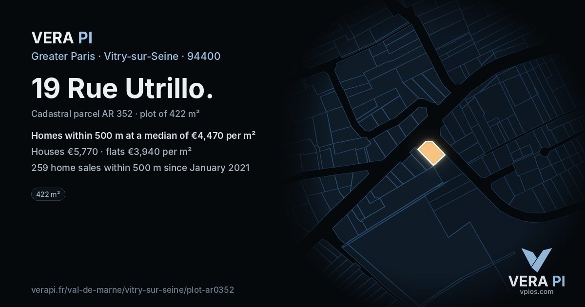19 Rue Utrillo, Vitry-sur-Seine at night – the plot lit, the parcels around coloured by the prices near them
