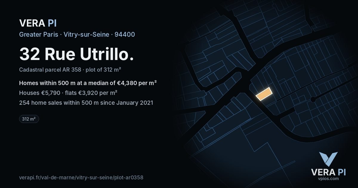 32 Rue Utrillo, Vitry-sur-Seine at night – the plot lit, the parcels around coloured by the prices near them
