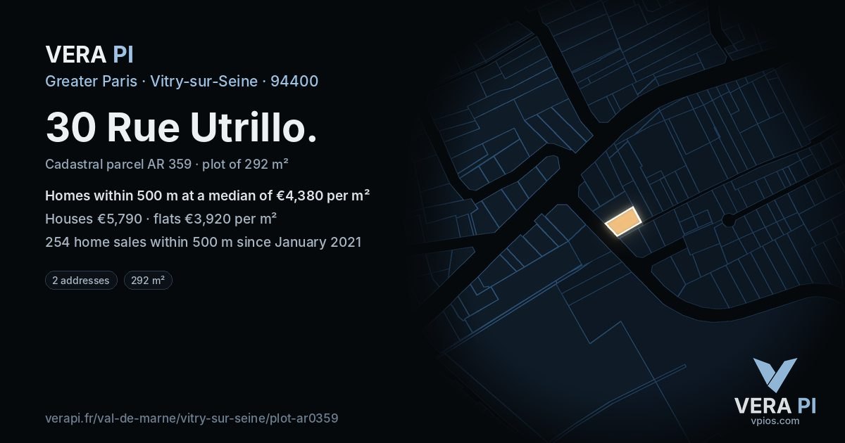 30 Rue Utrillo, Vitry-sur-Seine at night – the plot lit, the parcels around coloured by the prices near them