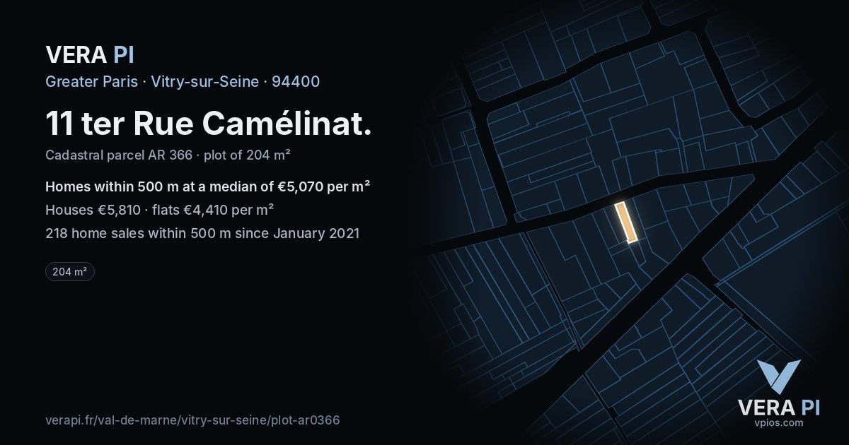 11 ter Rue Camélinat, Vitry-sur-Seine at night – the plot lit, the parcels around coloured by the prices near them