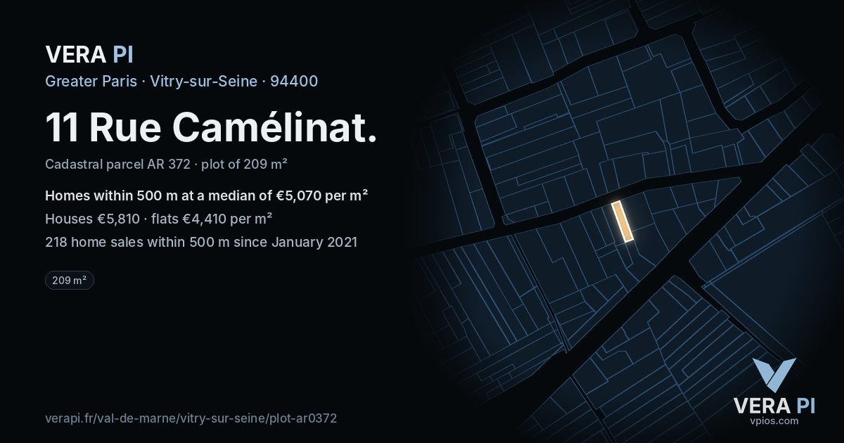 11 Rue Camélinat, Vitry-sur-Seine at night – the plot lit, the parcels around coloured by the prices near them