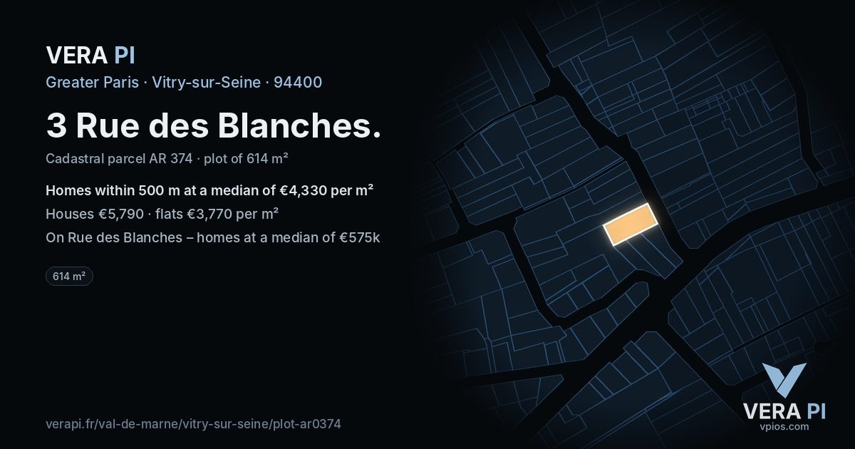 3 Rue des Blanches, Vitry-sur-Seine at night – the plot lit, the parcels around coloured by the prices near them