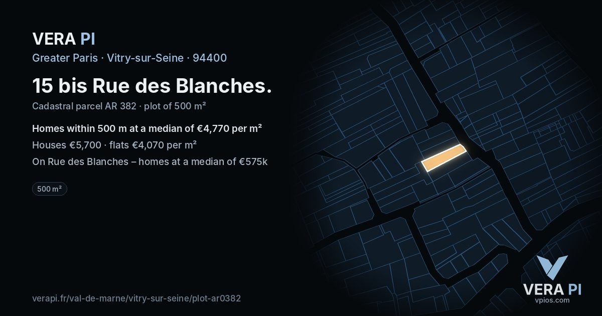 15 bis Rue des Blanches, Vitry-sur-Seine at night – the plot lit, the parcels around coloured by the prices near them