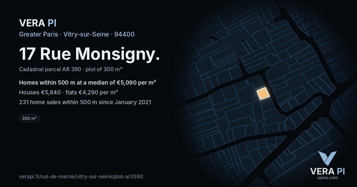 17 Rue Monsigny, Vitry-sur-Seine at night – the plot lit, the parcels around coloured by the prices near them