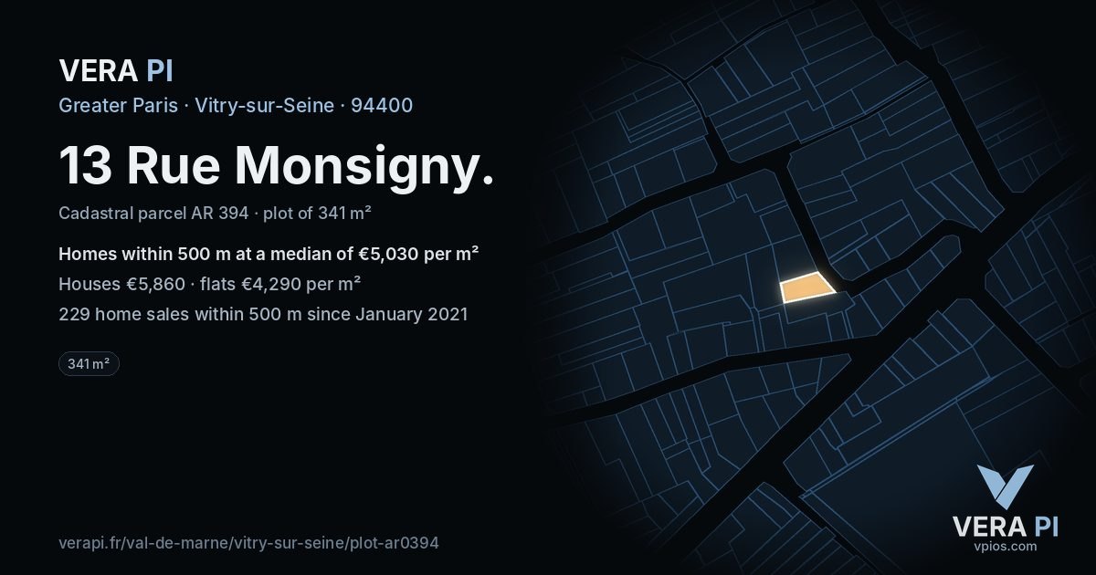 13 Rue Monsigny, Vitry-sur-Seine at night – the plot lit, the parcels around coloured by the prices near them