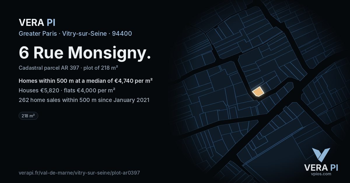 6 Rue Monsigny, Vitry-sur-Seine at night – the plot lit, the parcels around coloured by the prices near them