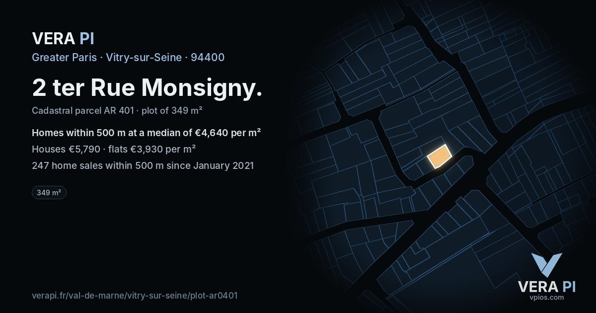 2 ter Rue Monsigny, Vitry-sur-Seine at night – the plot lit, the parcels around coloured by the prices near them