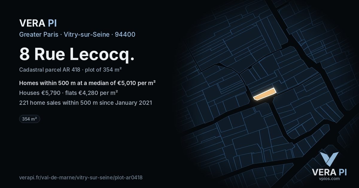 8 Rue Lecocq, Vitry-sur-Seine at night – the plot lit, the parcels around coloured by the prices near them